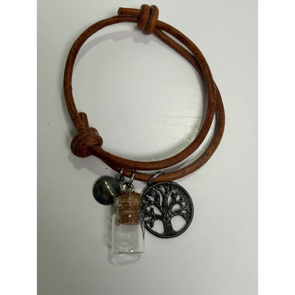 MPS Brown Leather Wrap Bracelet Tree of Life Charm Glass Bottle Boho Jewelry